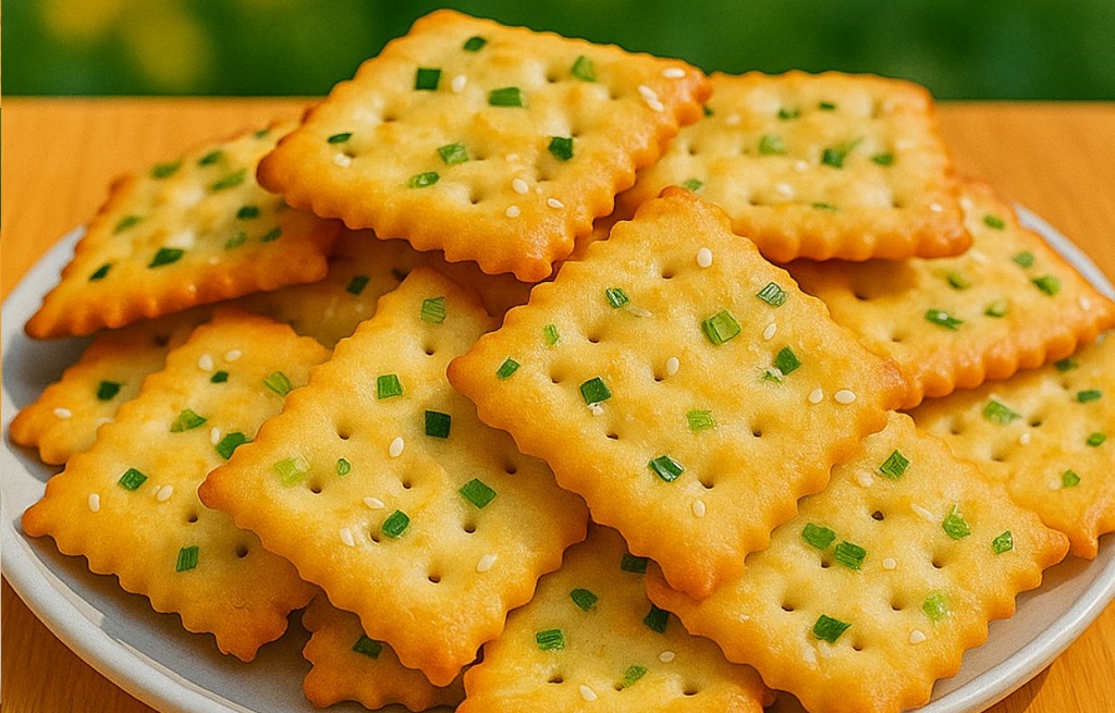 Golden baked salt crackers and cookies stacked on a tray with sea salt on top