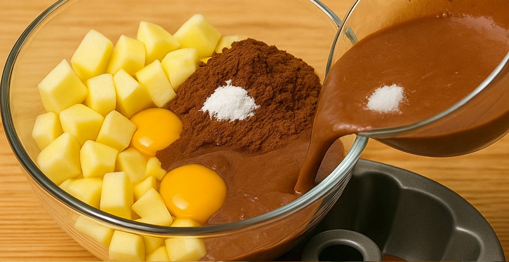 A slice of flourless apple cocoa cake on a white plate with cocoa dusting
