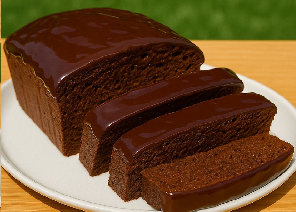 A slice of flourless apple cocoa cake on a white plate with cocoa dusting