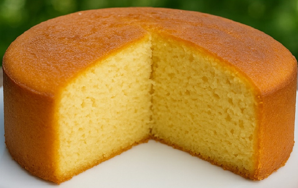 A golden soft butter cake sliced on a white plate with crumbs showing