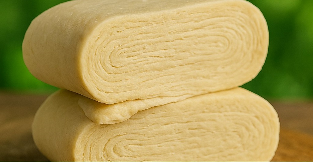 Rolled blitz puff pastry dough folded into layers on a floured board