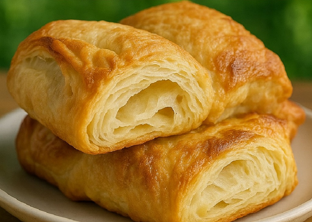 Rolled blitz puff pastry dough folded into layers on a floured board