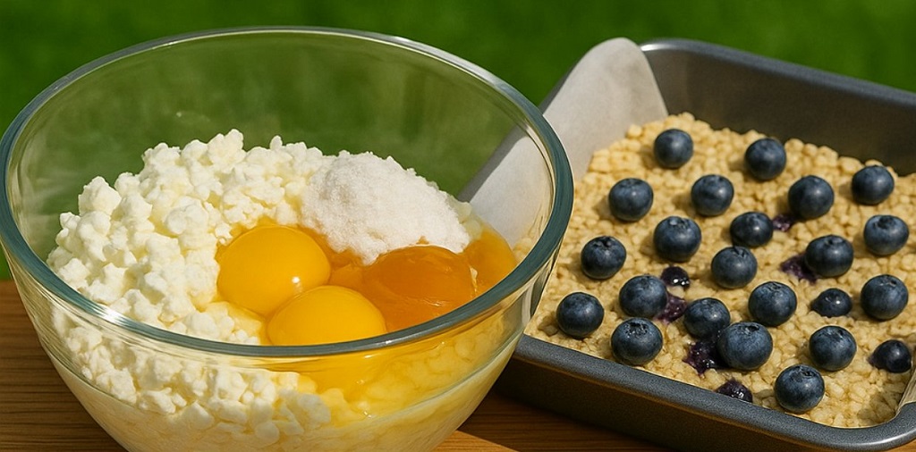 Slices of blueberry cottage cheese breakfast bake on a white plate