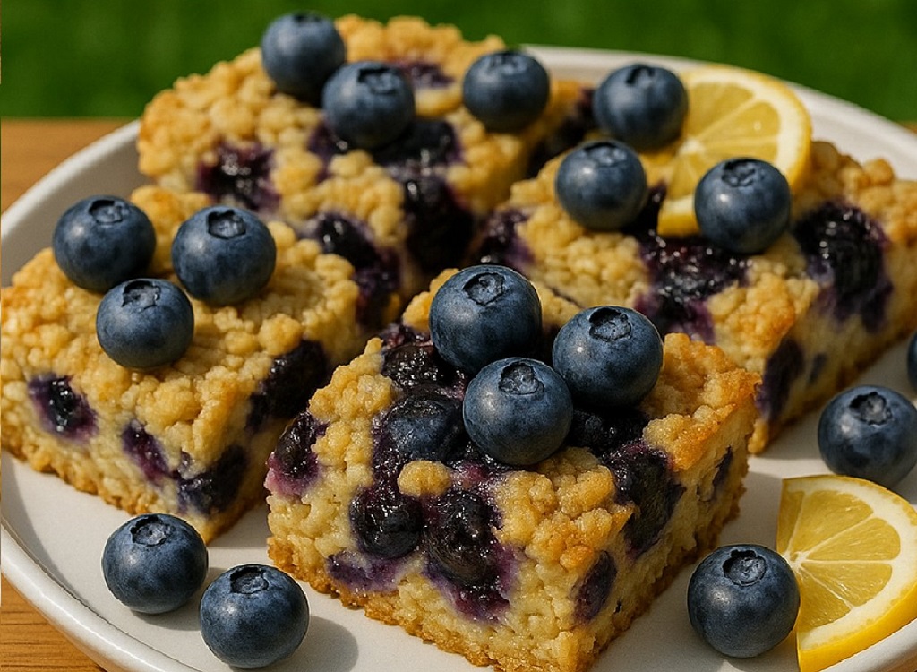 Slices of blueberry cottage cheese breakfast bake on a white plate
