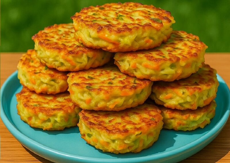 Crispy cabbage egg patties stacked on a white plate with herbs on top