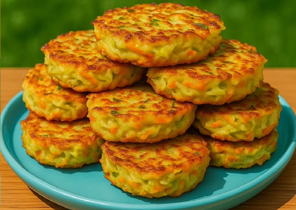 Crispy cabbage egg patties stacked on a white plate with herbs on top