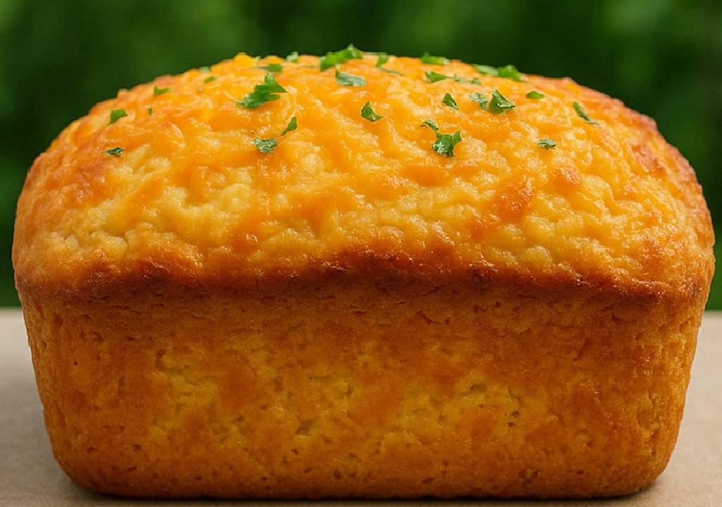 A loaf of cheddar cheese quick bread sliced on a wooden board