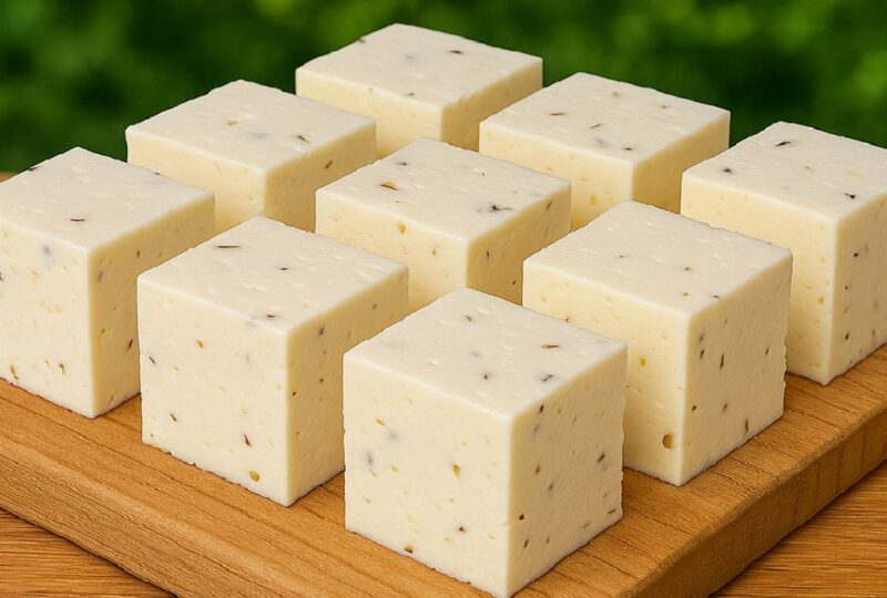 Homemade cheese made from milk and vinegar, topped with herbs on a rustic plate