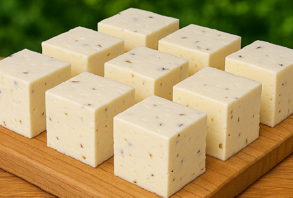 Homemade cheese made from milk and vinegar, topped with herbs on a rustic plate