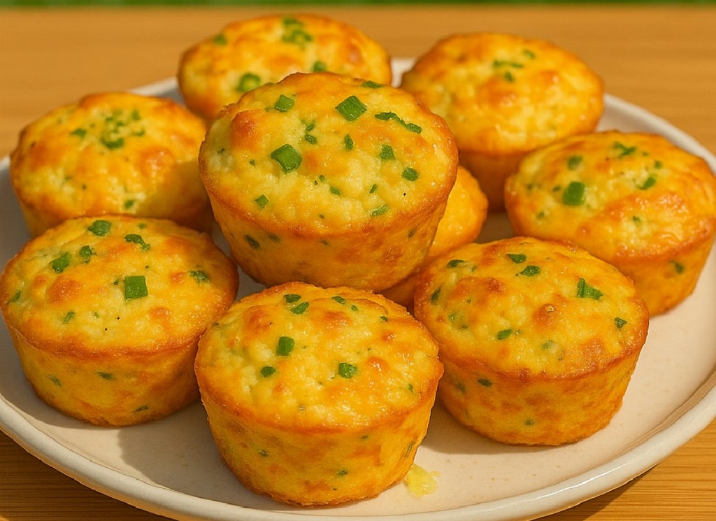 Crispy golden mashed potato puffs with melted cheese and chives in a muffin tin