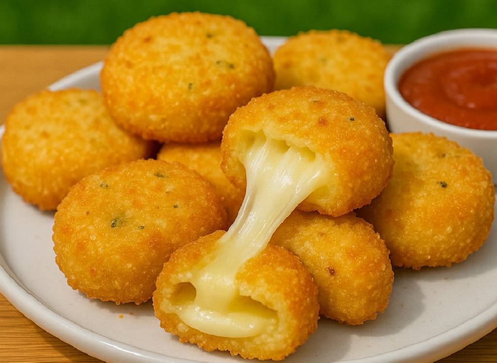 Crispy golden onion rings stuffed with mozzarella cheese stacked on a plate with marinara dip