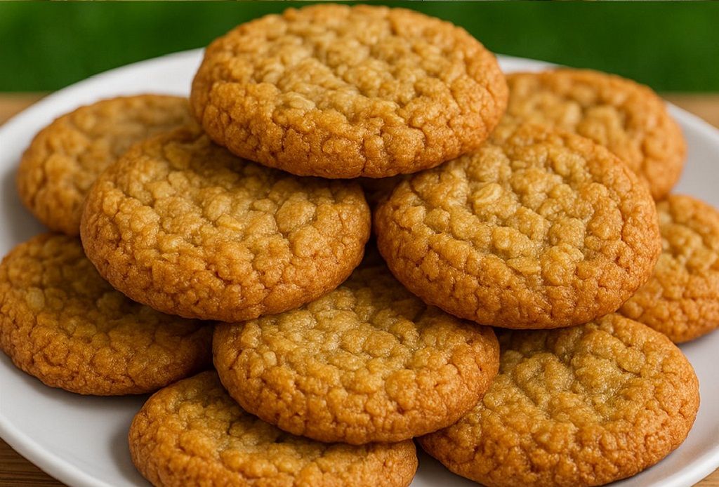 Chewy oatmeal cookies with golden edges and soft centers on a white plate