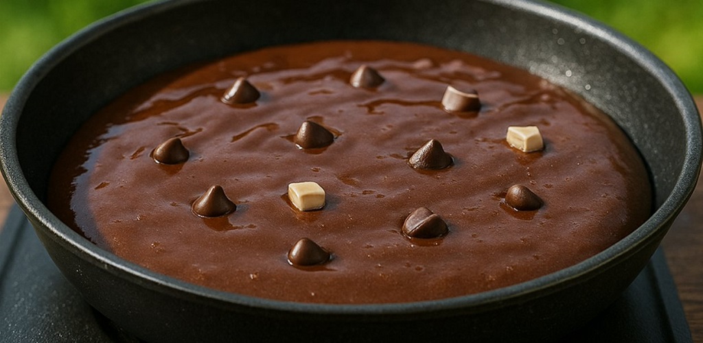 A moist chocolate cake topped with chocolate chips in a round pan