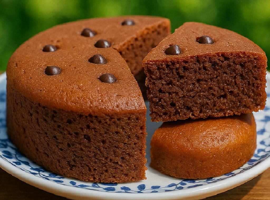 A moist chocolate cake topped with chocolate chips in a round pan