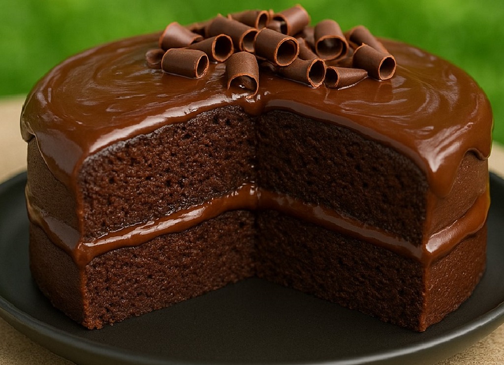 A slice of rich chocolate cake with glossy frosting on a white plate