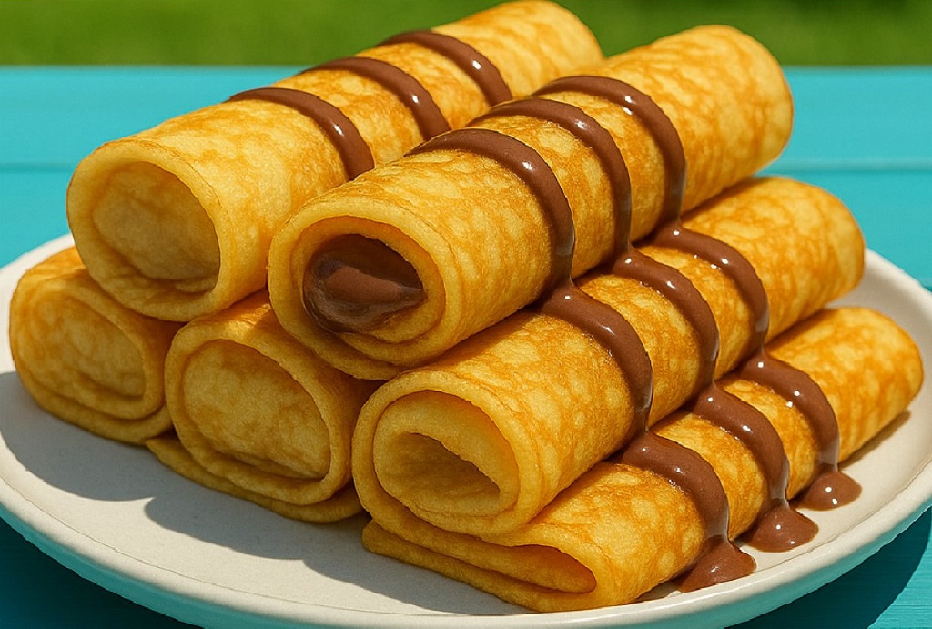 Rolled chocolate crepes with melted filling and powdered sugar on top