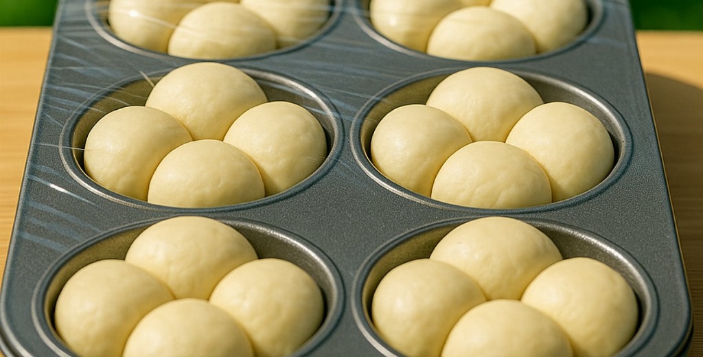 Freshly baked cloverleaf dinner rolls in a muffin tin brushed with melted butter
