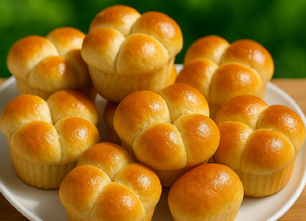 Freshly baked cloverleaf dinner rolls in a muffin tin brushed with melted butter