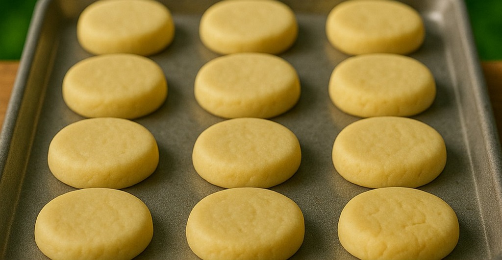 A stack of golden condensed milk biscuits on a cooling rack with sugar on top