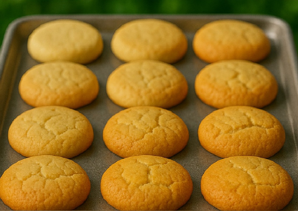 A stack of golden condensed milk biscuits on a cooling rack with sugar on top