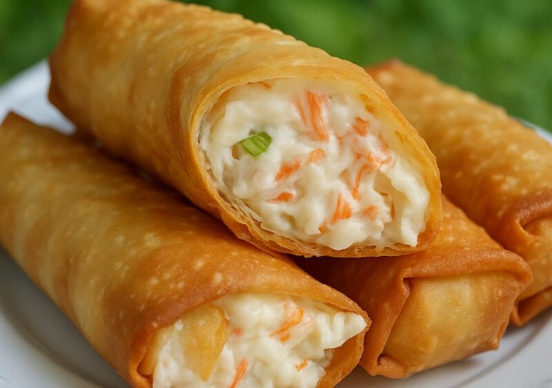 Golden crab rangoon egg rolls stacked on a plate with dipping sauce