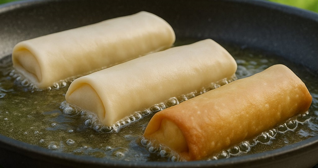 Golden crab rangoon egg rolls stacked on a plate with dipping sauce