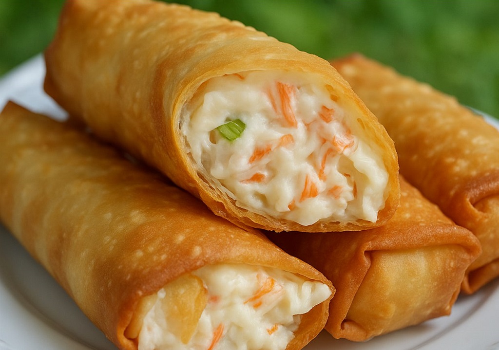 Golden crab rangoon egg rolls stacked on a plate with dipping sauce