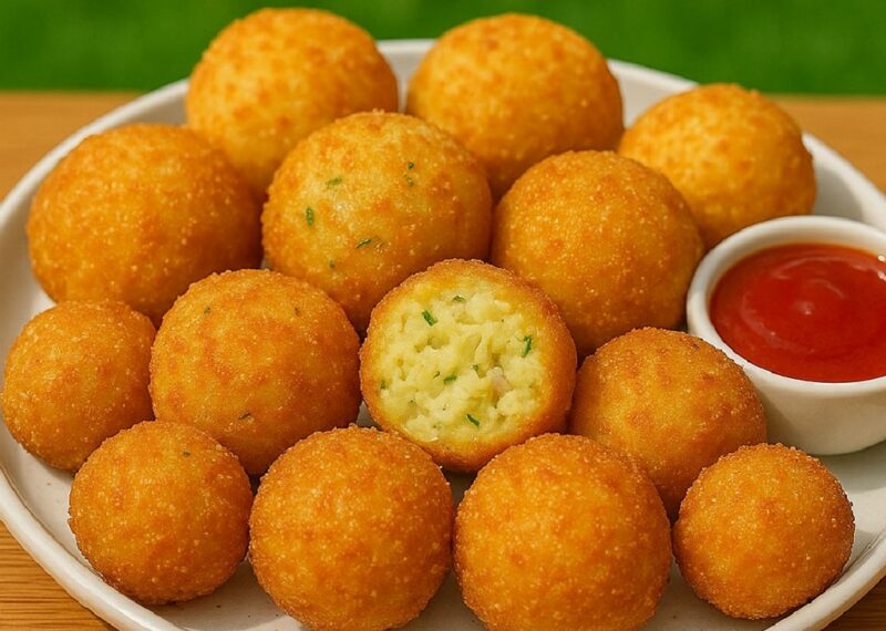 Crispy potato chicken balls stacked on a plate with dipping sauce on the side
