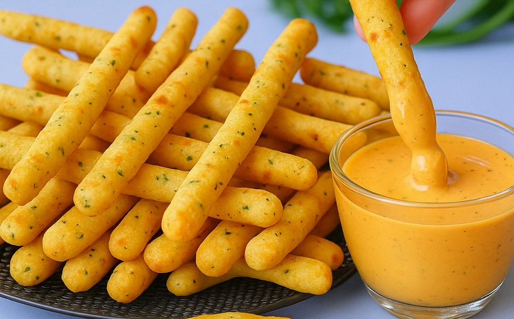 Golden crispy veggie potato sticks being dipped into cheese sauce