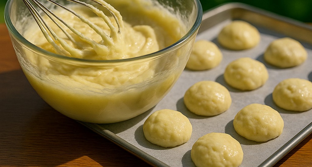 Soft drop butter cookies stacked on a white plate with a golden edge