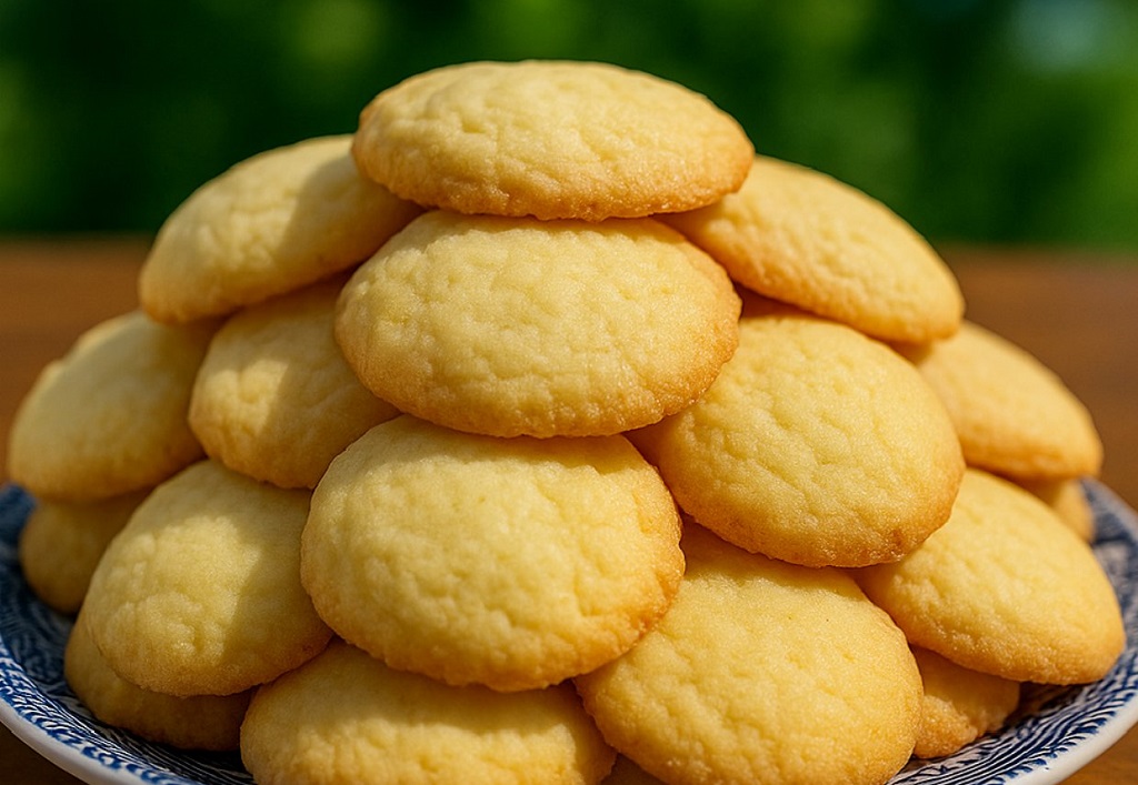 Soft drop butter cookies stacked on a white plate with a golden edge