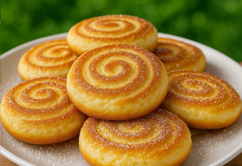 Golden yogurt dessert rounds stacked on a plate with honey drizzle