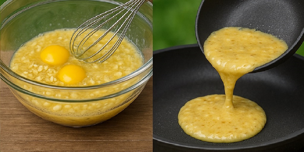 A stack of flourless banana oat pancakes topped with banana slices and maple syrup