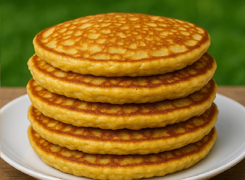 A stack of flourless banana oat pancakes topped with banana slices and maple syrup