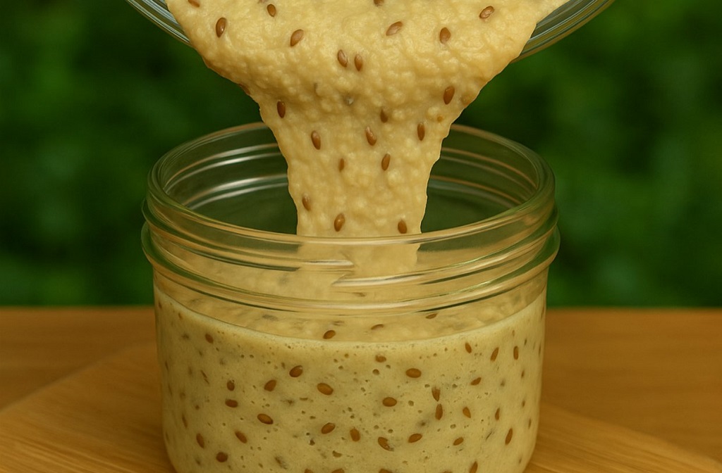 Flourless bread in a glass jar with a spoon beside it, topped with flax seeds
