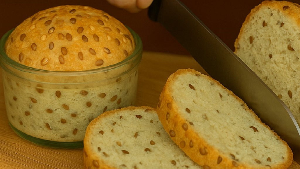 Flourless bread in a glass jar with a spoon beside it, topped with flax seeds