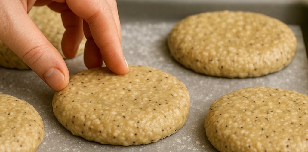Sliced flourless oat and chia bread on a cutting board with a knife