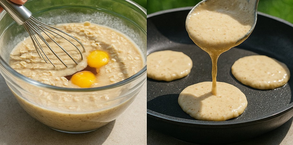 Stack of golden flourless oatmeal pancakes topped with banana and honey on a white plate