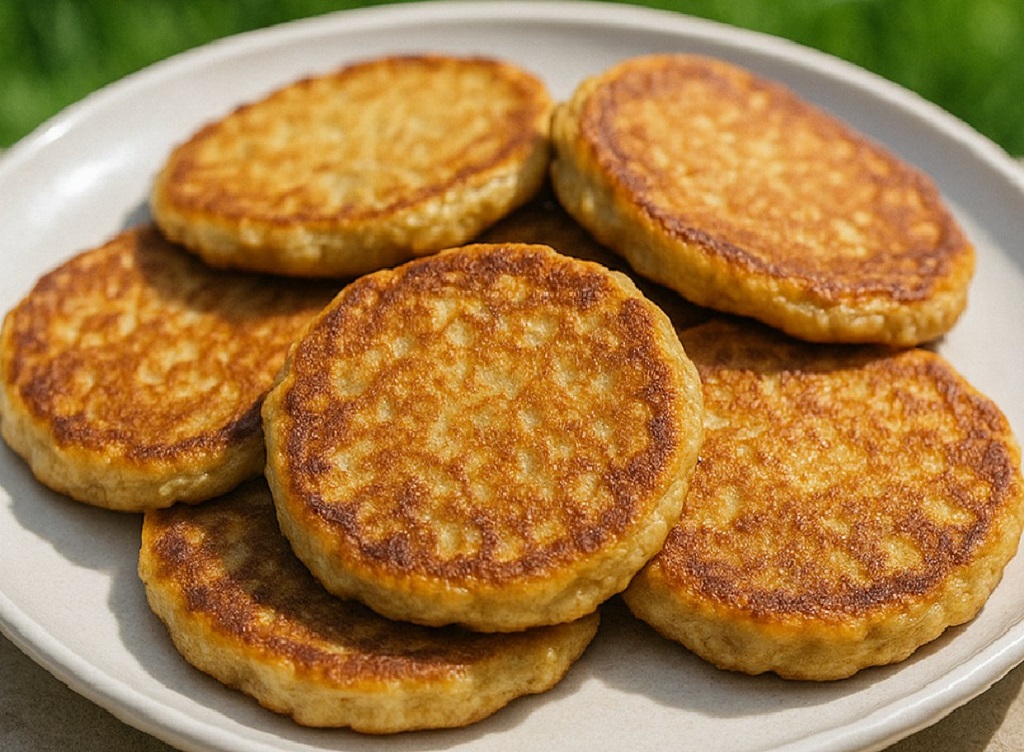 Stack of golden flourless oatmeal pancakes topped with banana and honey on a white plate