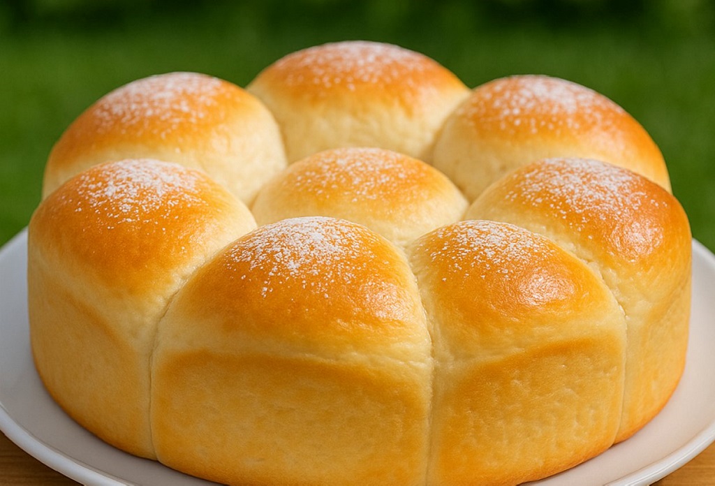 Sliced fluffy condensed milk bread on a wooden board