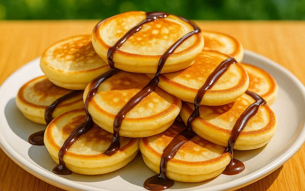 Fluffy golden mini pancakes stacked on a white plate with green background