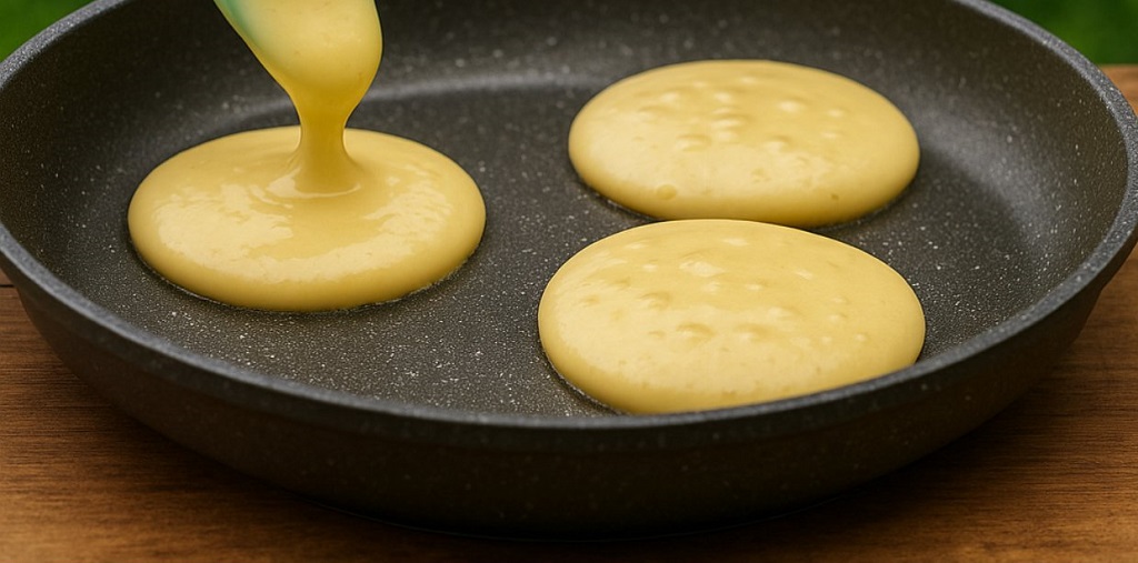 Fluffy golden mini pancakes stacked on a white plate with green background