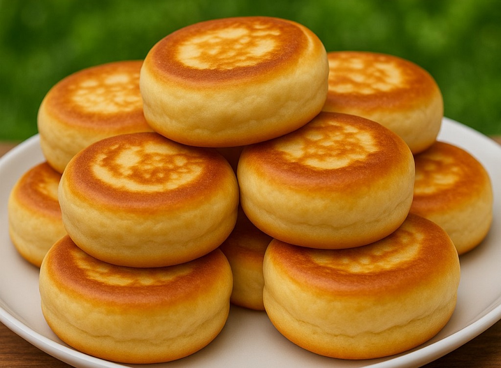 Fluffy golden mini pancakes stacked on a white plate with green background