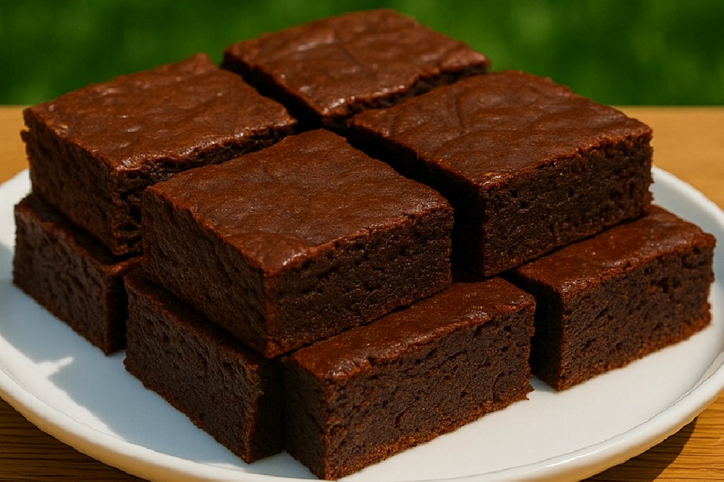 Fudgy chocolate brownies cut into squares on a white plate in bright daylight