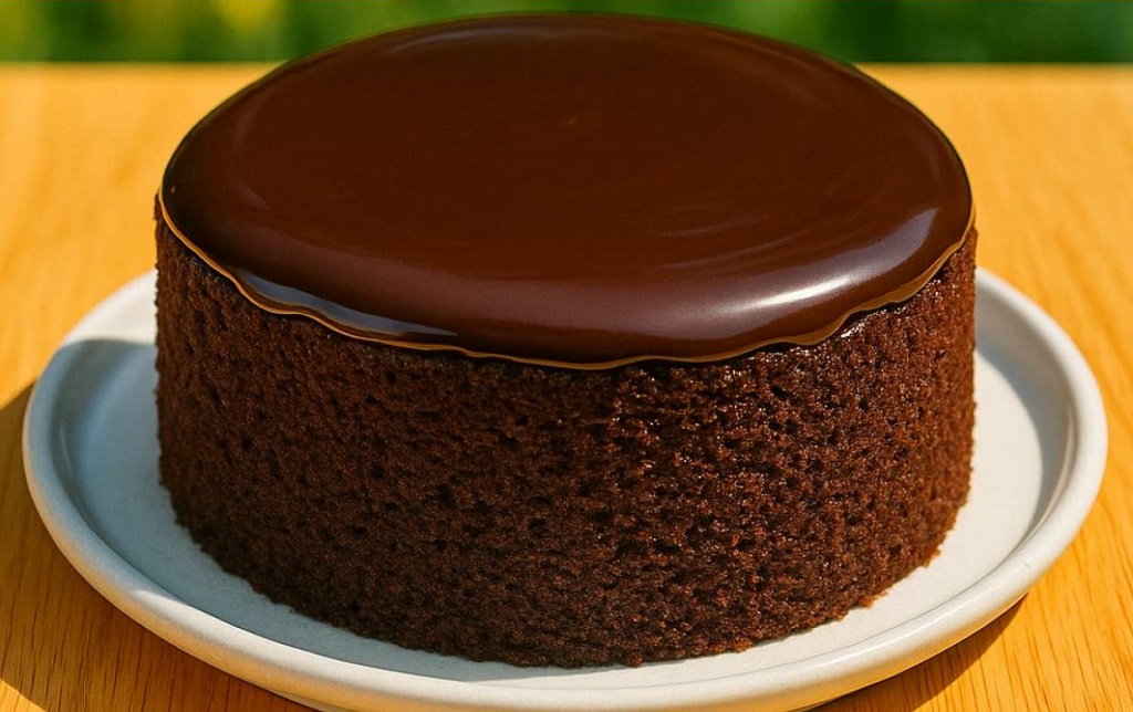 A slice of rich chocolate cake with glossy frosting on a white plate