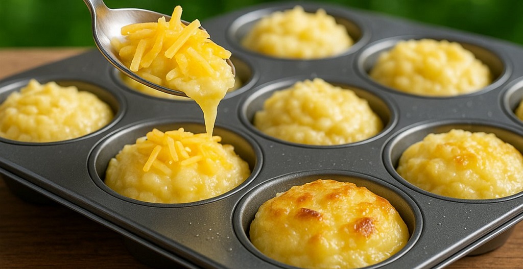 Crispy golden mashed potato puffs with melted cheese and chives in a muffin tin
