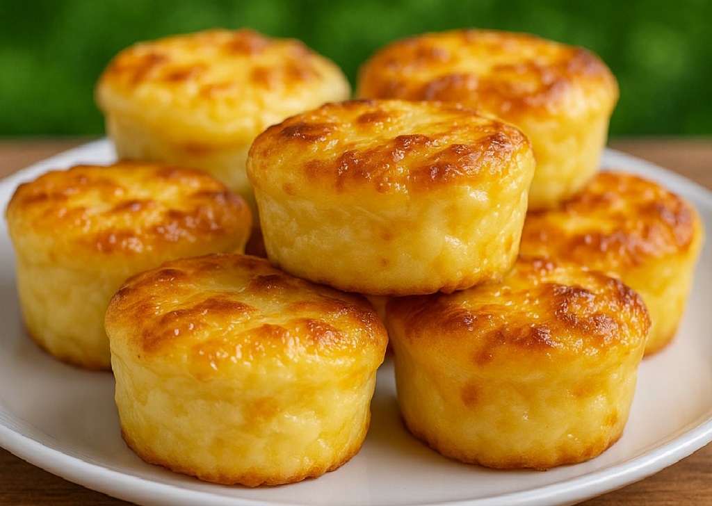Crispy golden mashed potato puffs with melted cheese and chives in a muffin tin