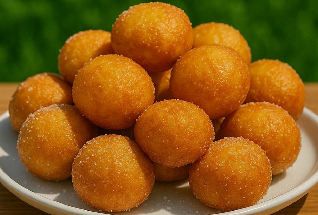 Freshly fried mini doughnuts coated in sugar on a cooling rack