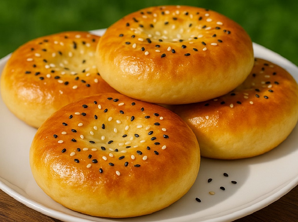 Golden cheesy no yeast bread sliced on a wooden board