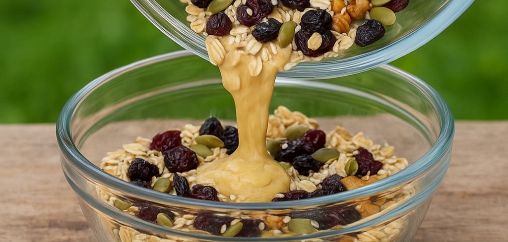 Healthy oat cookies with dried cranberries, peanuts, and seeds stacked on a white plate